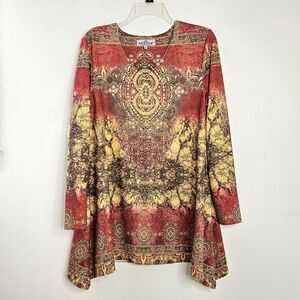 Kristine Tunic Top Womens Medium Boho V-Neck Asymmetric Hem Embellished